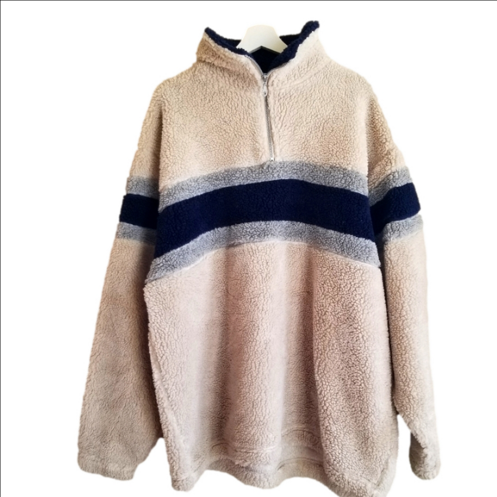 Vintage Blue Sierra Pullover Quarter Zip Fleece Colourblock  Stripe Sweater XL - Picture 2 of 8